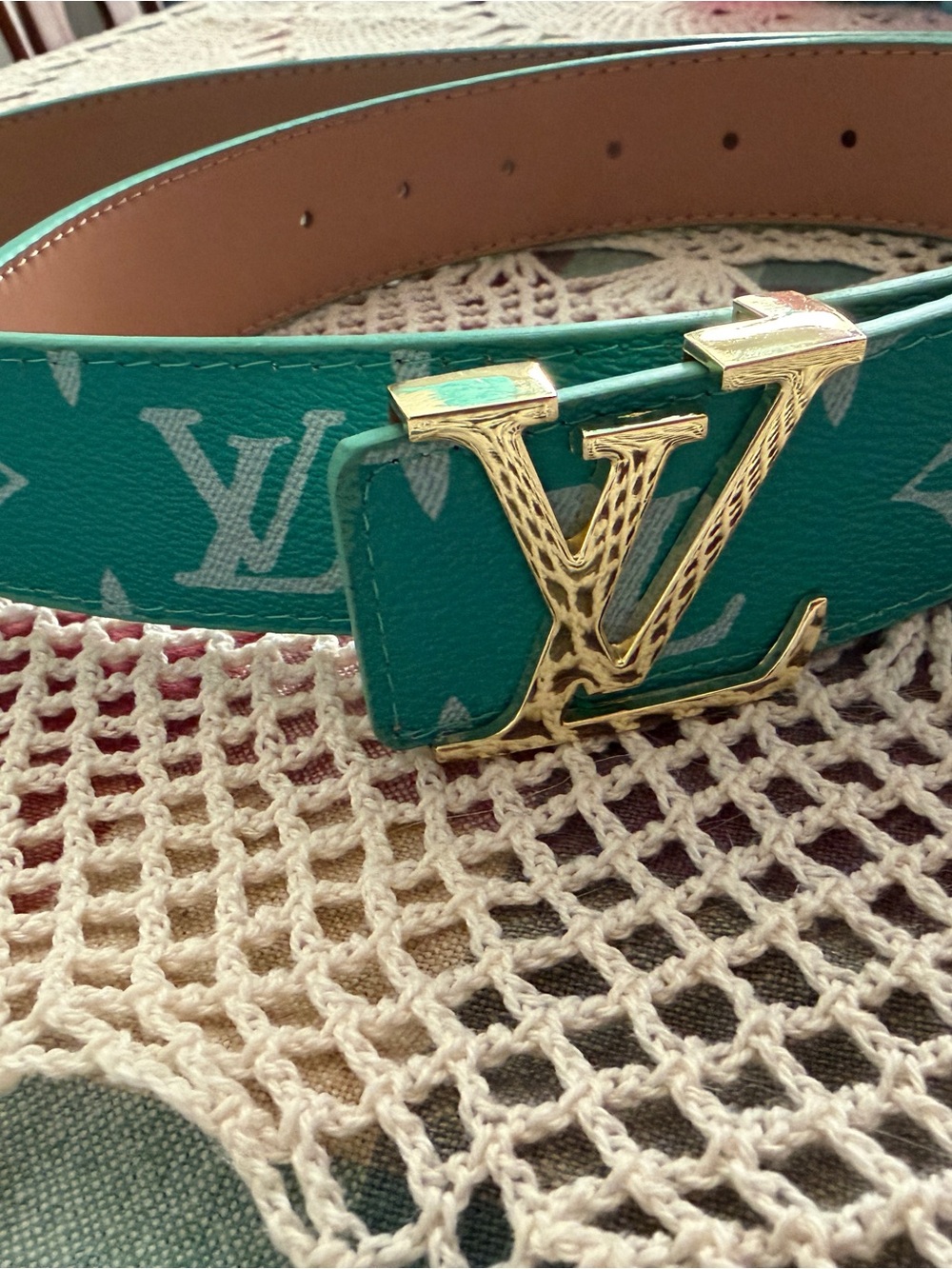 Louis Vuitton Green Monogram LV Buckle Belt with Gold Hardware